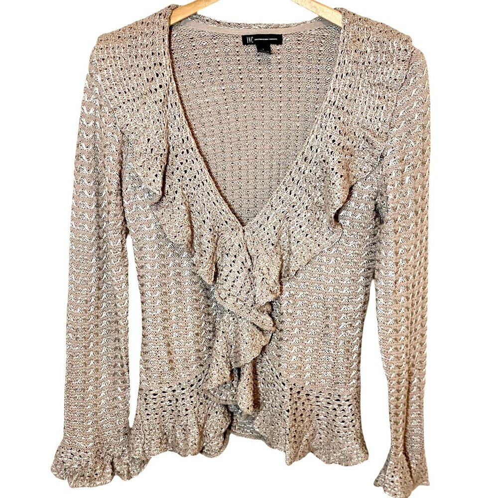 INC Shimmer Taupe Y2K Ruffle Cotton Knit Boho Cardigan Sweater Size Large